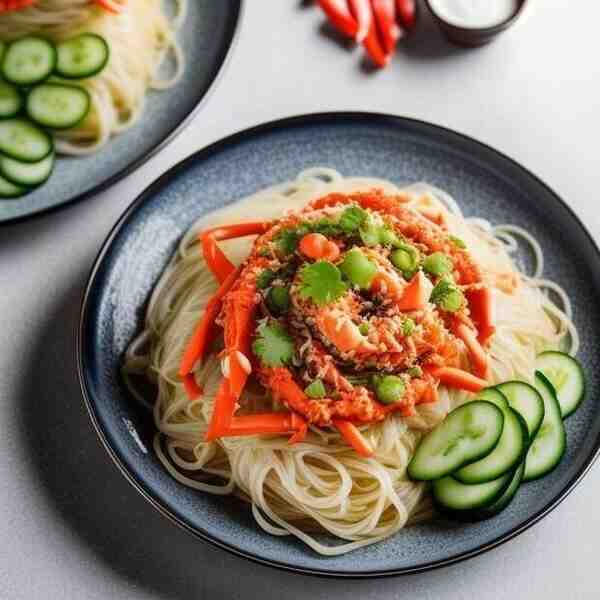 Рисовая лапша с крабовыми палочками и огурцом
